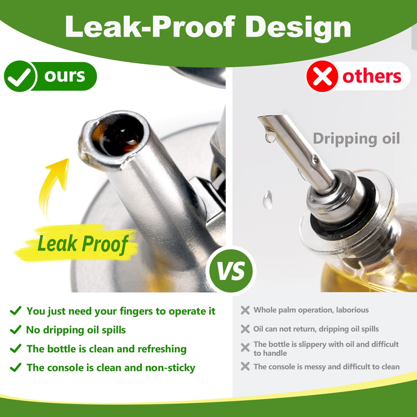 Easy-handle Oil Dispenser Bottle with Stainless Steel Pourer Spouts